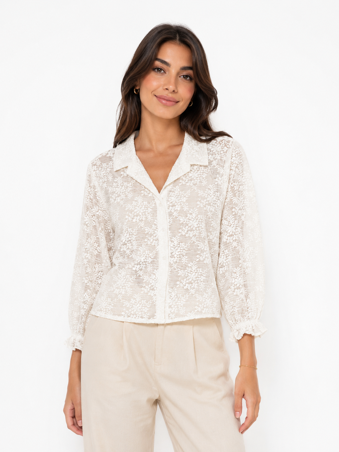 Ivory Lace Button-Up Blouse