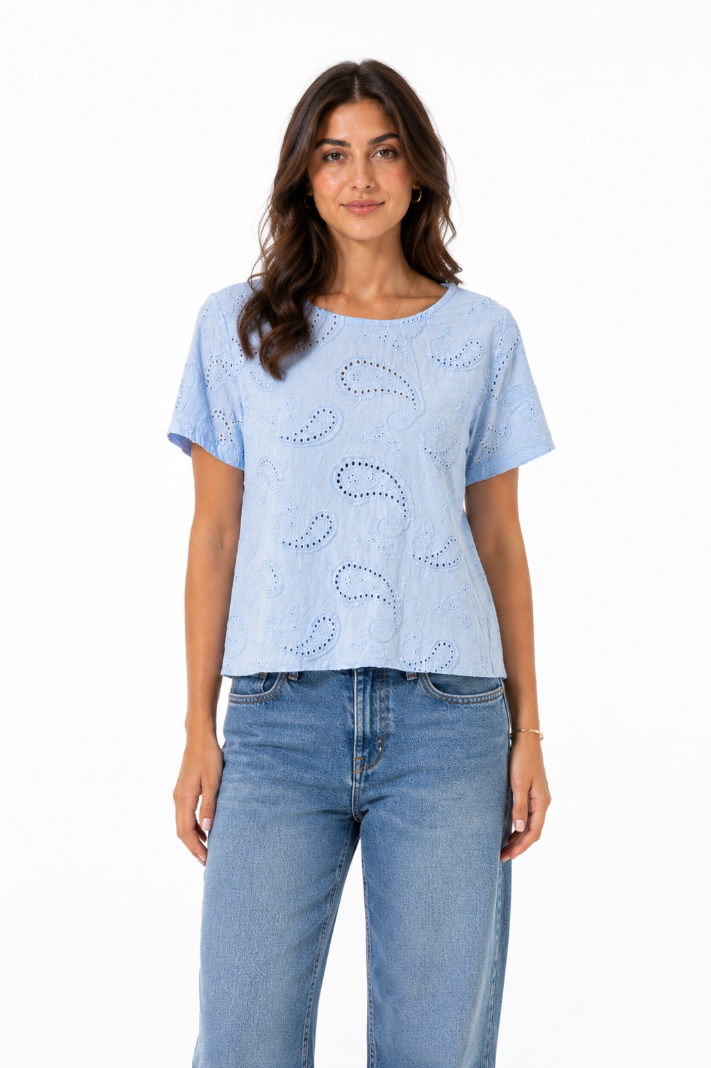 Sky Blue Eyelet Bow-Back Top