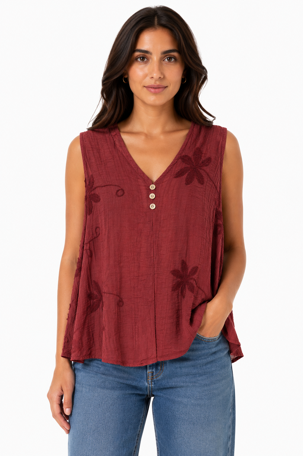 Burgundy Embroidered Flowy Top