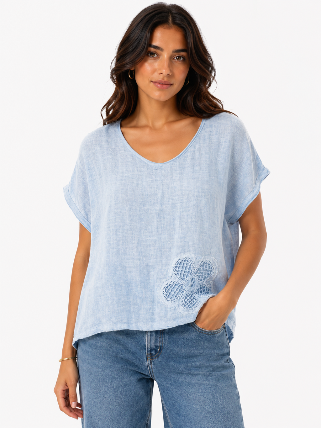 Sky Blue Crochet Flower Relaxed Top