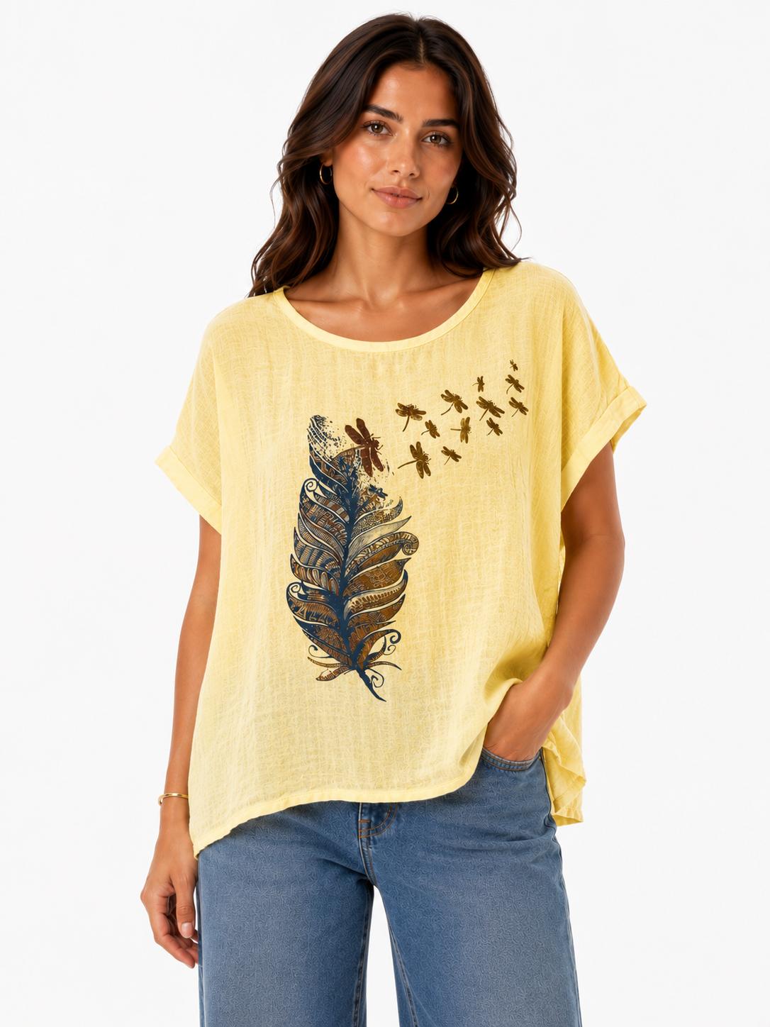 Feather & Dragonfly Print Relaxed Top