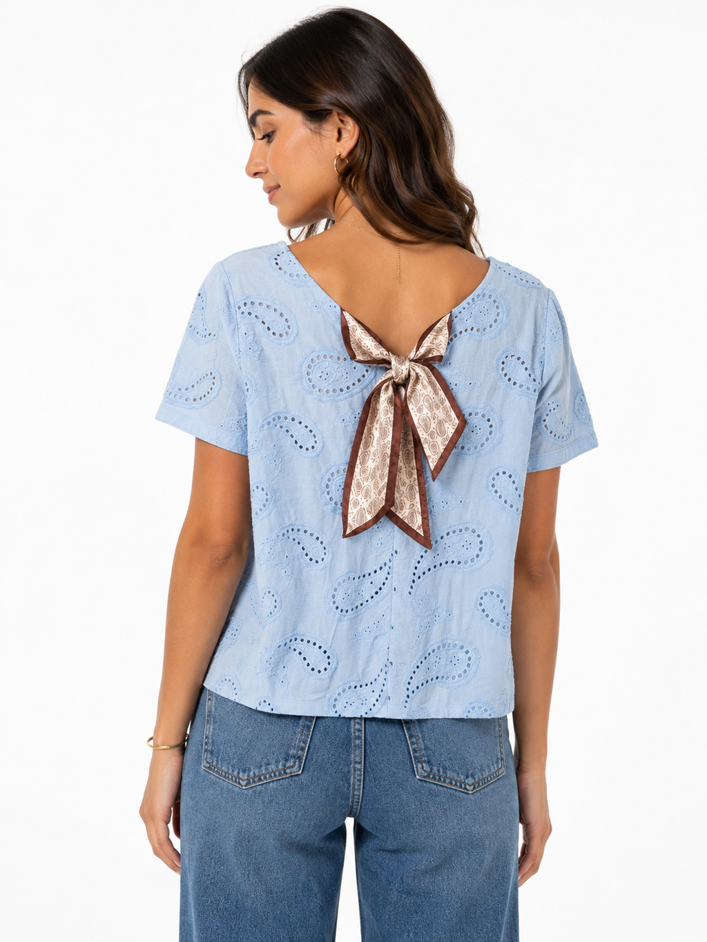 Sky Blue Eyelet Bow-Back Top