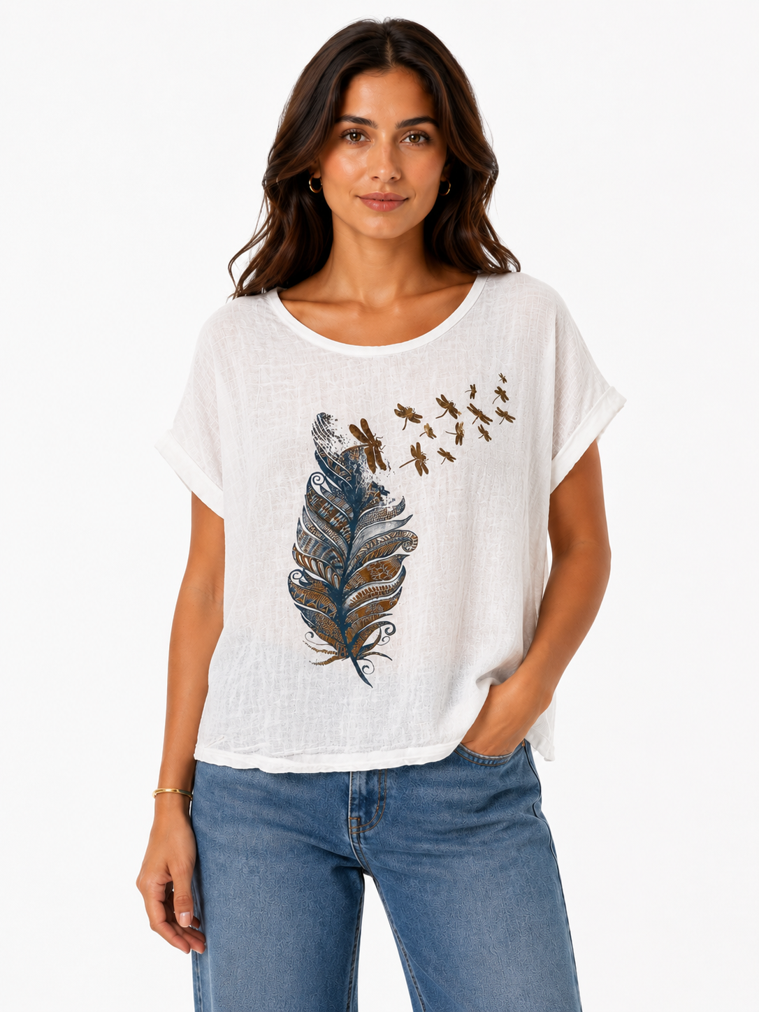 Feather & Dragonfly Print Relaxed Top